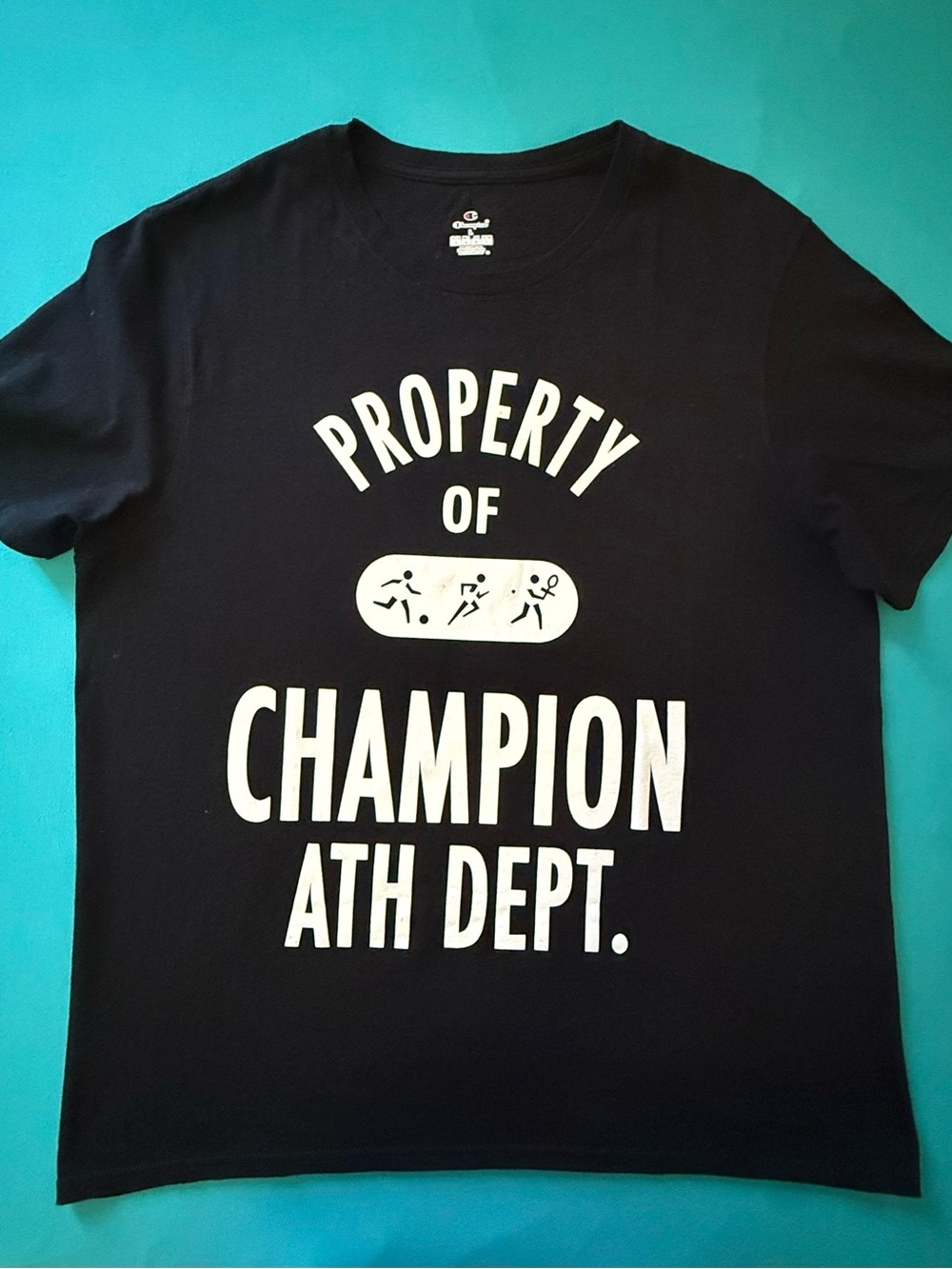 Champion Black T-Shirt with White 'Property of Champion Ath Dept.' Graphic